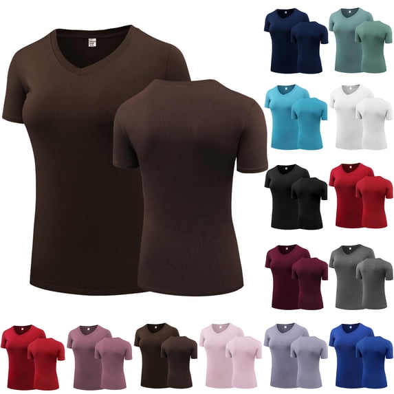 Womens Summer Tops V Neck Short Sleeve Slim Fit Quick Dry Stretchy Fitted Basic Solid Undershirt Gym Workout Yoga Breathable Casual Athletic Top Multiple Color Options