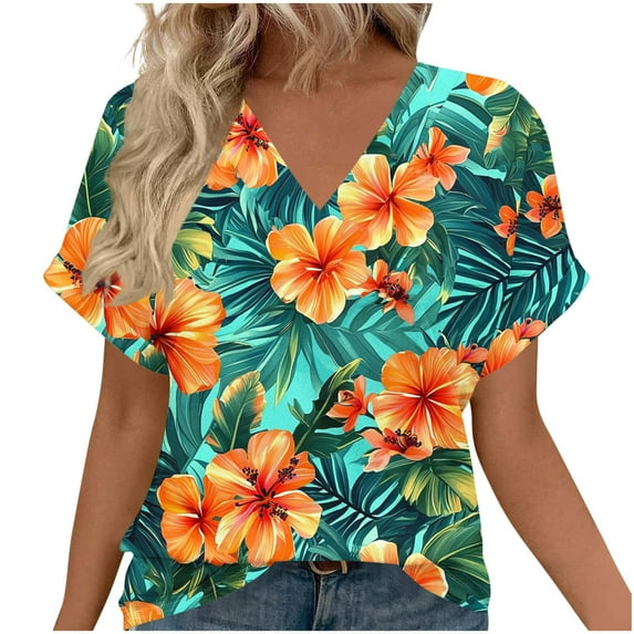 Womens Summer Tops V-Neck Short Sleeve T-Shirts Fashion Floral Printed Blouses Casual Loose Shirts Pullover 2026 Beach Vacation Clothes