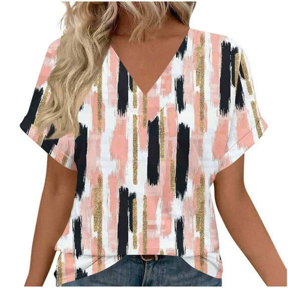 Womens Summer Tops V-Neck Short Sleeve T-Shirts Fashion Floral Printed Blouses Casual Loose Shirts Pullover 2026 Beach Vacation Clothes