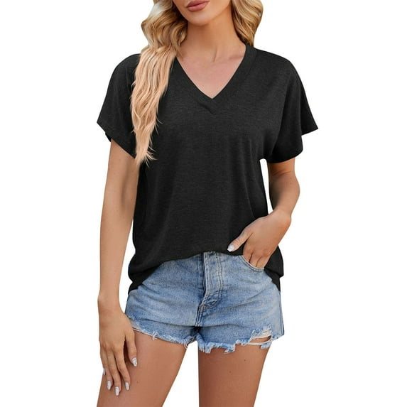 Womens Summer Tops V-Neck Solid Color Loose Short-Sleeved T-Shirt Women's Tops Trendy Tops for Women
