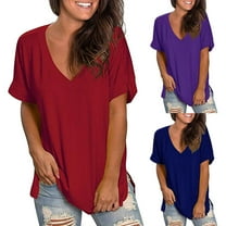 SHIBEVER Womens V-Neck Short Sleeve Tops Solid Casual Loose Basic T ...