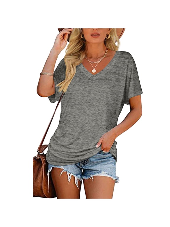 Womens Summer Tops V Neck Solid Color Short Sleeve Shirts Casual Loose Basics T Shirts