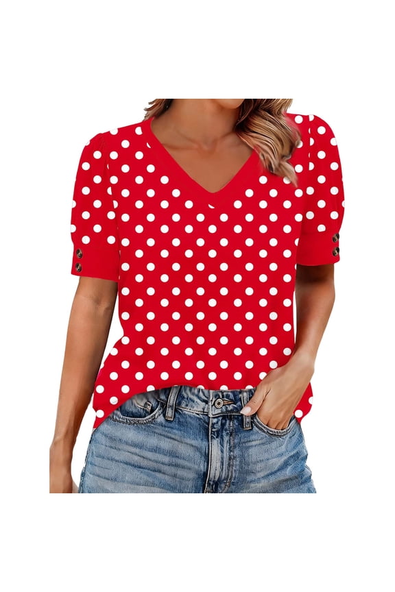 Womens Summer Tops V Neck T Shirts Dot Puff Sleeve Tops Loose Casual Tshirts