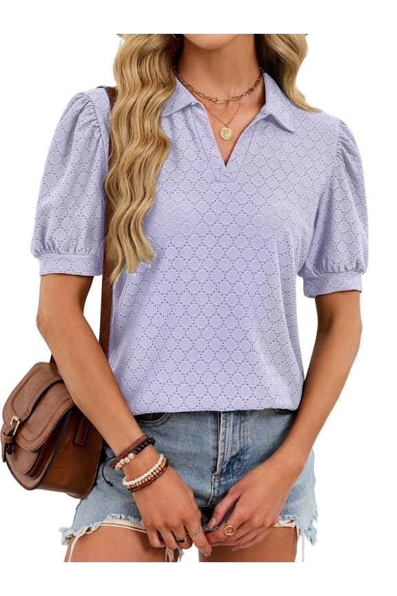Womens Summer Tops V Neck T Shirts Puff Short Sleeve Lapel Collared Work Blouses Eyelet Tunics XXL