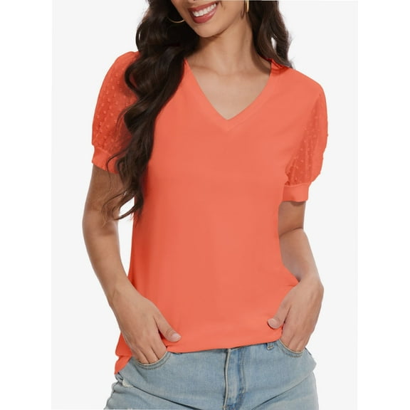 Womens Summer Tops V Neck T Shirts Swiss Dot Puff Sleeve Tops Loose Casual Tshirts