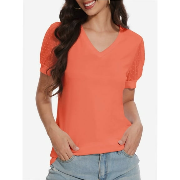 Womens Summer Tops V Neck T Shirts Swiss Dot Puff Sleeve Tops Loose Casual Tshirts