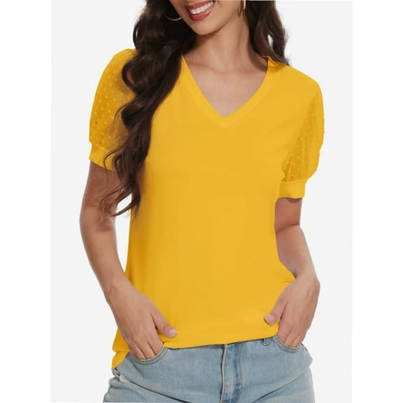 Womens Summer Tops V Neck T Shirts Swiss Dot Puff Sleeve Tops Loose Casual Tshirts