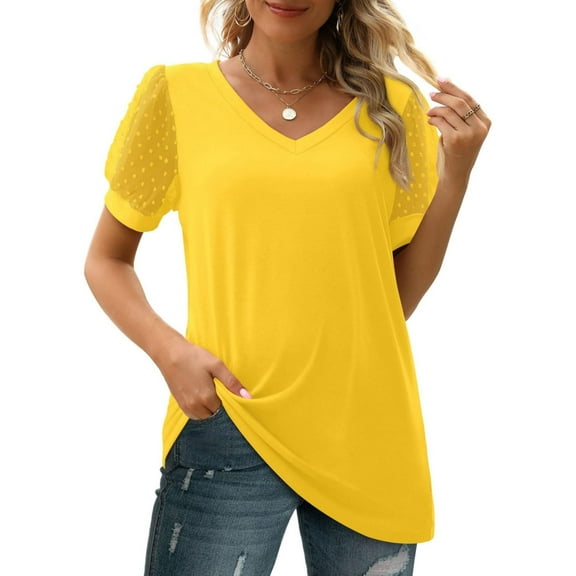 Womens Summer Tops V Neck T Shirts Swiss Dot Puff Sleeve Tops Loose Casual Tshirts