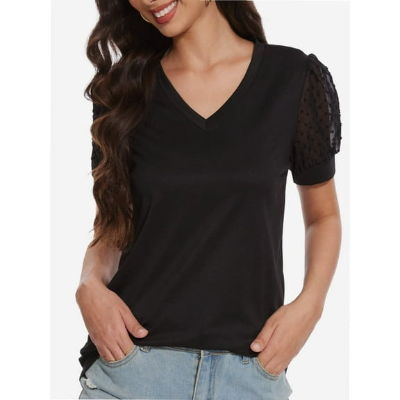 Womens Summer Tops V Neck T Shirts Swiss Dot Puff Sleeve Tops Loose Casual Tshirts