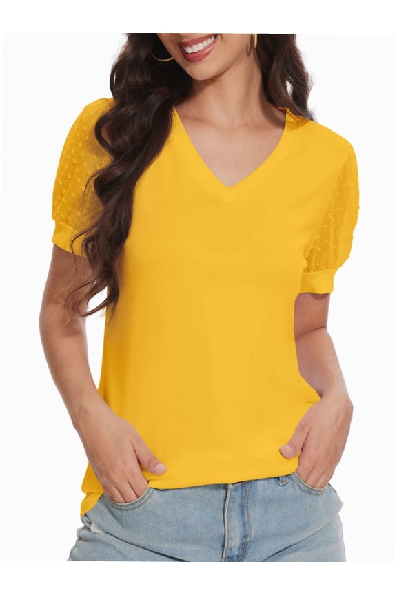 Womens Summer Tops V Neck T Shirts Swiss Dot Puff Sleeve Tops Loose Casual Tshirts