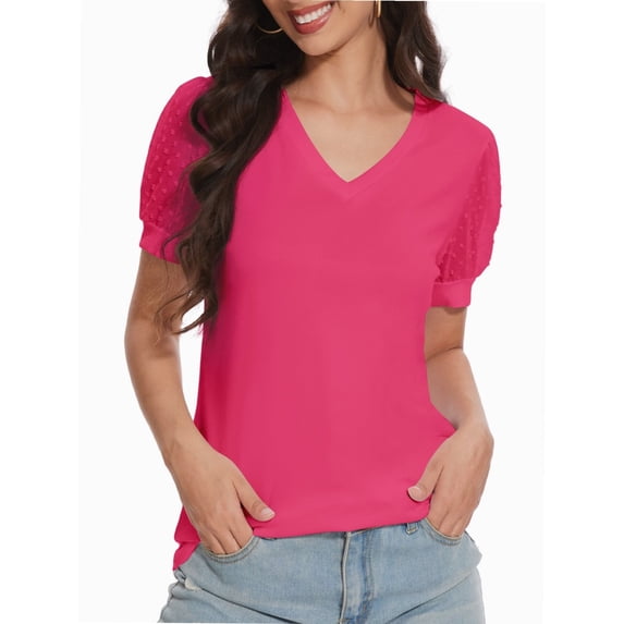 Womens Summer Tops V Neck T Shirts Swiss Dot Puff Sleeve Tops Loose Casual Tshirts