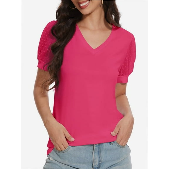 Womens Summer Tops V Neck T Shirts Swiss Dot Puff Sleeve Tops Loose Casual Tshirts