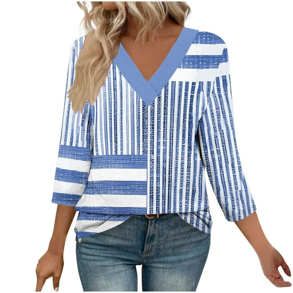 Womens Summer Tops, V Neck T Shirts for Women Casual Vintage Loose Fit Striped Printed 3/4 Sleeve Dressy Blouses S-2XL