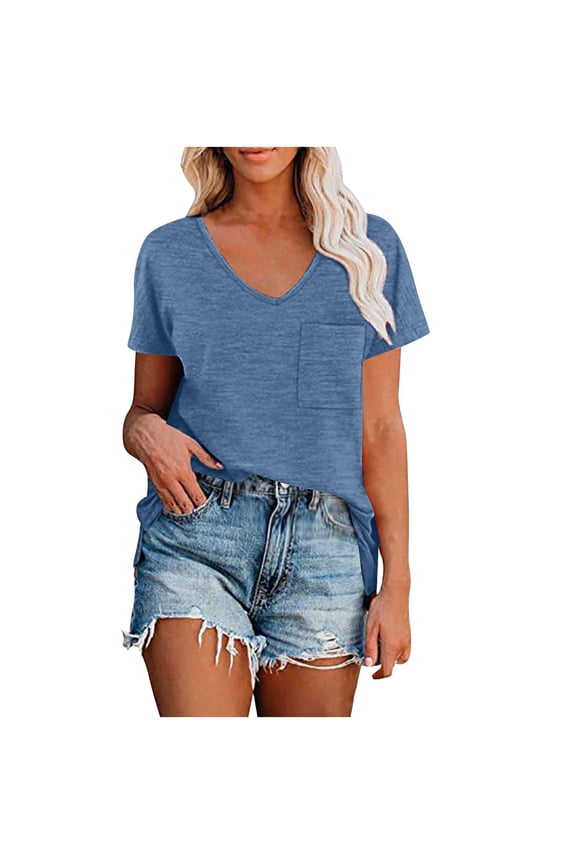 Womens Summer Tops V-neck Raglan Shoulder Split Short-Sleeved Solid Color Casualss Workout Tops Blue Tee Shirts S-2XL