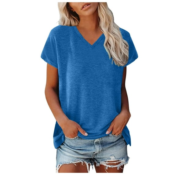 Womens Summer Tops V plus Size Shirts Lady Summer Shirt Womens Ling Sleeve Tee Long Sleeve Shirts And Blouses Small Scrub Mixed Media Tops Women Workout Shirt Work Out on Clearance Blue S