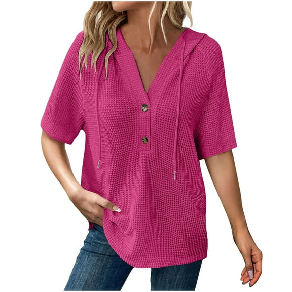 Womens Summer Tops Waffle Knit Short Sleeve Lightweight Drawstring Hoodies Button V Neck Casual Blouses Shirts Plus Size