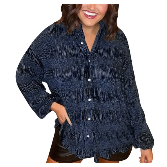 Womens Summer Tops, Women Blouses, Stylish Women Velvet Pleated Button Loose Shirt Top for Autumn Winter Fashion Multipurpose Casual Wear
