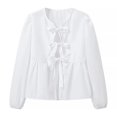 thumbnail image 1 of Womens Summer Tops, Women Blouses, Versatile Long Sleeve Women's Round Neck Bow Tie Blouse Solid Color Elegant Top for Any Occasion, 1 of 3