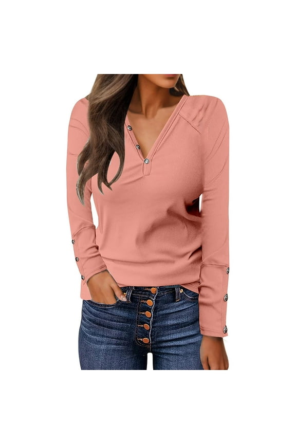 Vetement Femme ete 2025 Women's Solid Color Buttoned V Neck Loose Fit Long Sleeve Basic Top Short T Shirt Women's T Shirt Women Tees And Tops Women Short Sleeve Tops Shirts Long Big Tee Shirts S