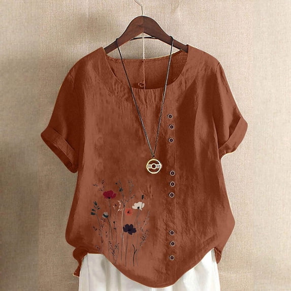 Womens Summer Tops Women Casual And Linen Round-Neck Printed Short Sleeve Button T-shirt Blouse Summer Blouses Coffee L