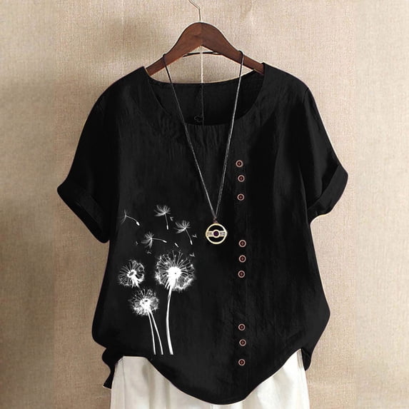 Womens Summer Tops Women Casual And Linen Round-Neck Printed Short Sleeve Button T-shirt Blouse Summer Blouses Black L