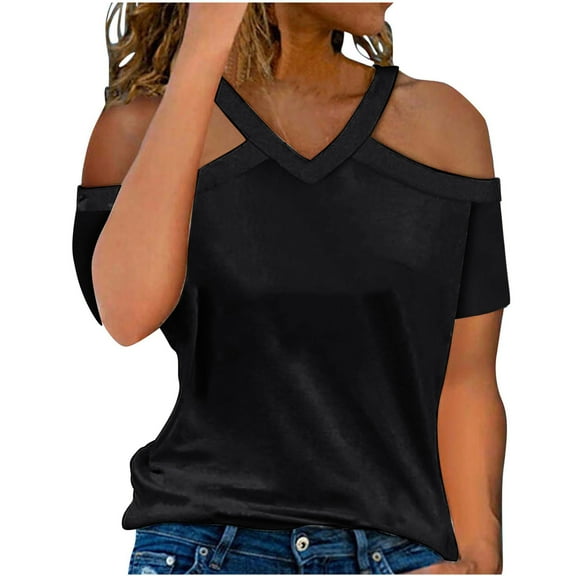 Wo-Fusoul Off The Shoulder Tops Women's Solid Color V-Neck Short Sleeve Top with Off-Shoulder Detail, Casual Summer Wear Women'S Summer Tops