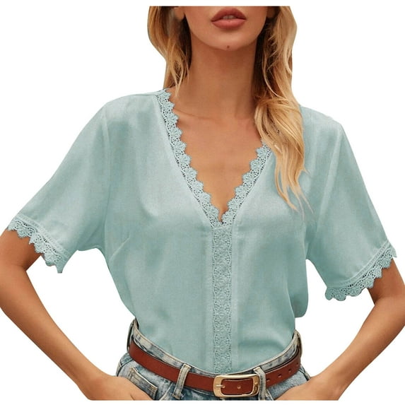 Womens Summer Tops Women's Summer New V-Neck Casual Chiffon Lace Tops Womens Summer Clothes