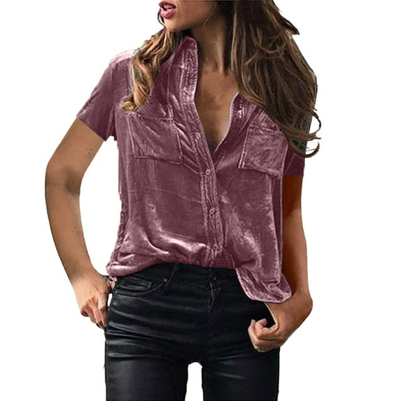 Womens Summer Tops, Women'S Tops, Stylish Women Winter Blouse Elegant Velvet Shirt Comfortable Short Sleeve Top with Button Pocket Casual Design