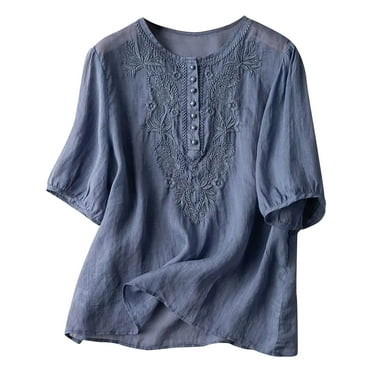 Womens Summer Tops, Women's Elegant Cotton Linen Shirts Floral Embroidered T-Shirt Solid Casual Button-up Round Neck Short Sleeve Tunic Loose Comfy Blouse