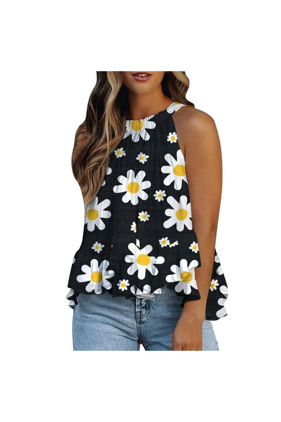 Womens Summer Tops, Women's Flowy Tank Tops Daisy Print Camis Sleeveless Crew Neck Casual Shirts Loose Fitting Blouses