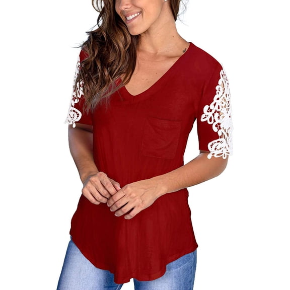 Womens Summer Tops, Women's Lace Sleeve V Neck Tops Short Sleeve Casual Shirt Summer Loose Blouses Lace Tee Tops