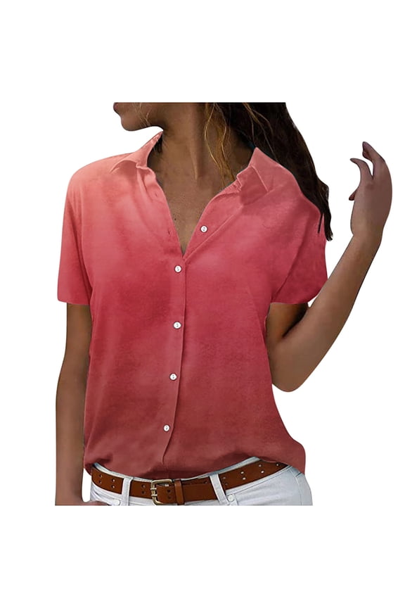 Womens Summer Tops, Women’s Short Sleeve Ombre Gradient Button Down Solid Color Blouses Casual Comfortable Smooth Shirts