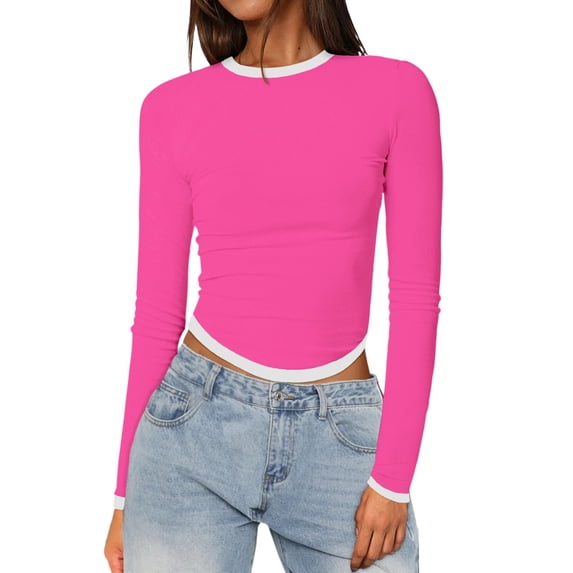 Womens Summer Tops Women's Slim Fitted Crop Top Tee for Workout and Yoga Long Sleeve Round Neck Basic Solid Crop Shirt RD2 XS