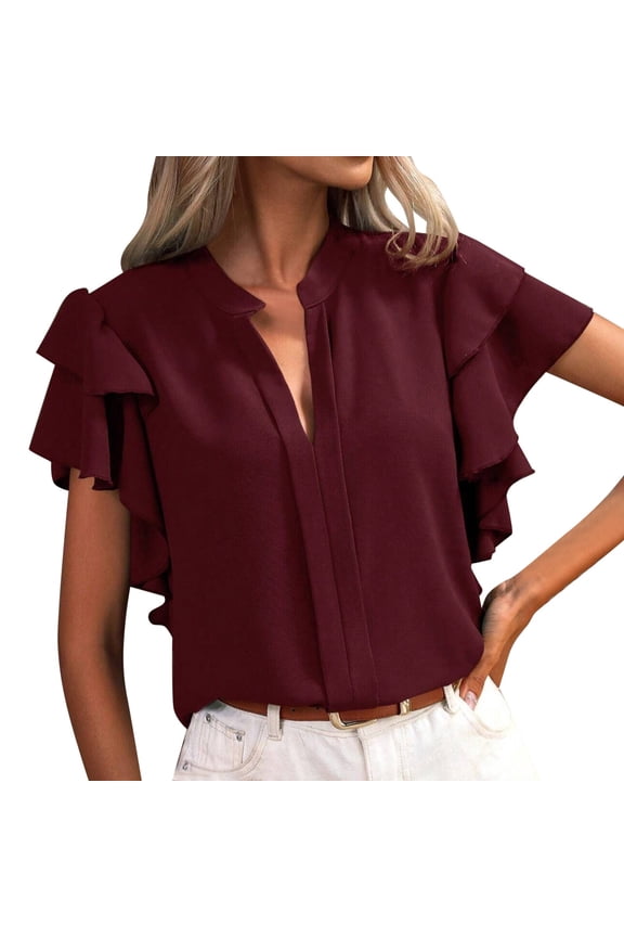 Womens Summer Tops Women's Summer V Neck Casual Double Layer Ruffle Sleeve Solid Color Top Lightweight Everyday Tee for Women Red S