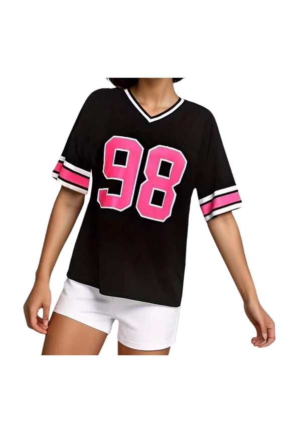 Womens Summer Tops Women's T-Shirts Color Block Sleeve Oversized T Shirt with Sports Print for Women Casual Football Top Black M