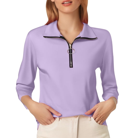 Womens Summer Tops Women's T-Shirts A Fashionable And Casual Half Zipper Solid Color Long Sleeved T Shirt For Ladies by Contemporary Streetwear For Everyday Purple L