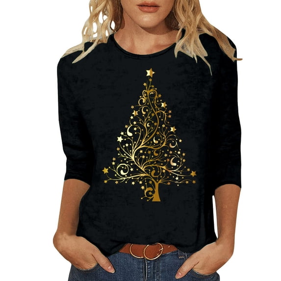 Womens Summer Tops Women's T-Shirts Festive Tree Design with 3/4 Sleeve Round Neck Top for Women Black 3XL