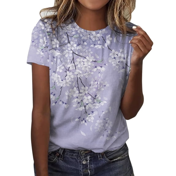 Womens Summer Tops Women's T-Shirts Print O-Neck Tank Top Short Sleeve Workout Tee for Casual Loose Fit Blue M