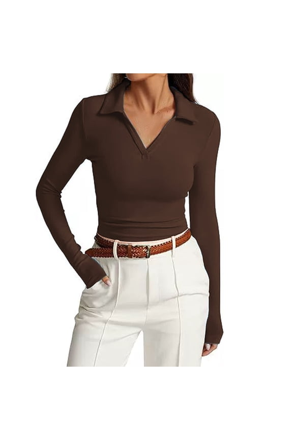 Womens Summer Tops Women's T-Shirts Women's Long Sleeve V Neck Slim Fit Casual Basic Pleated Top T Shirt Brown S