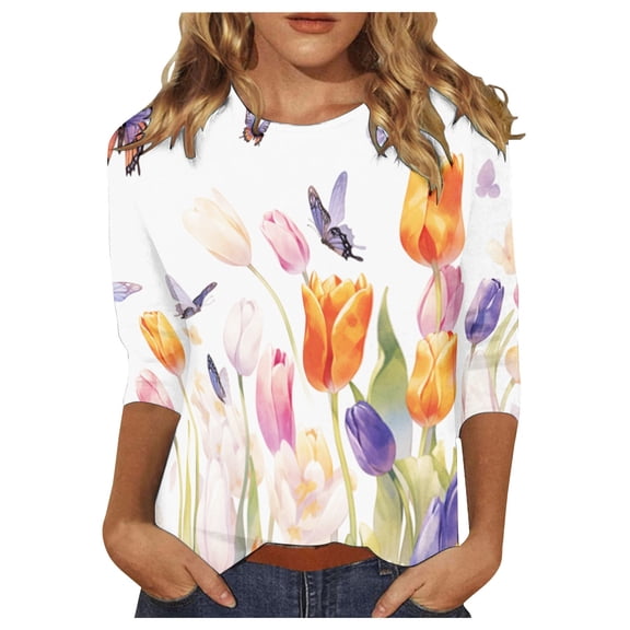 Womens Summer Tops Women's T-Shirts and Casual Floral Print Round Neck Top with Button Detail Loose Fit Short Sleeve Shirt for Everyday Wear Purple L
