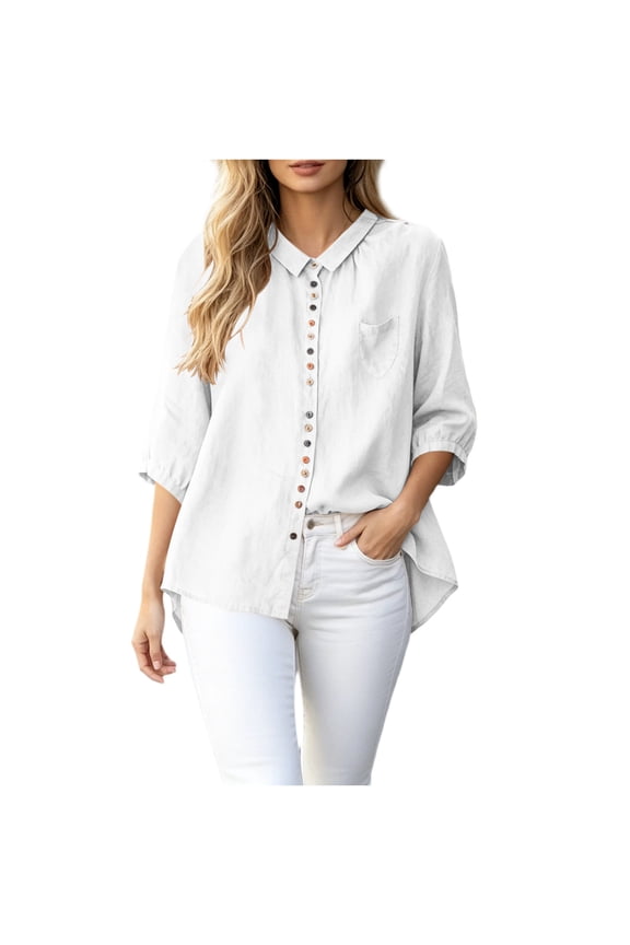 Womens Summer Tops, Womens Cotton Linen Blouses 3/4 Sleeve Collared V Neck Button Down Shirt Summer Solid Color Casual Beach Cover Ups White XXL