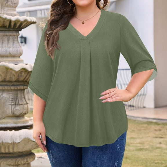 Womens Summer Tops Womens Plus Size Tops 3/4 Sleeve Dressy Chiffon Blouse Summer Work Tunic Casual Flowy Shirt S-5xl 01-Army Green Xxxxl