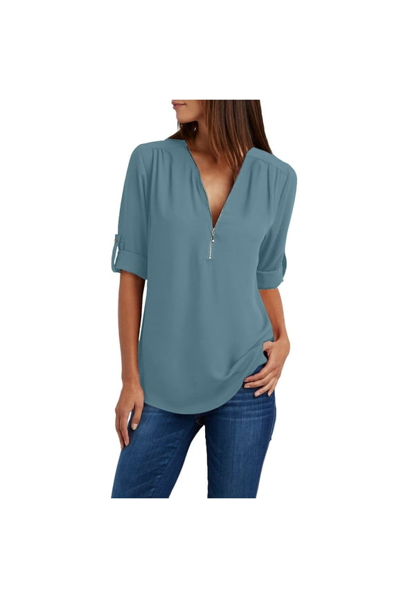 Womens Summer Tops, Womens Shirts, Women's Loose Chiffon Shirt with Zipper Long Sleeves Plus Size Tops for Casual Wear - Stylish Button-Up Design for Versatile Fashion