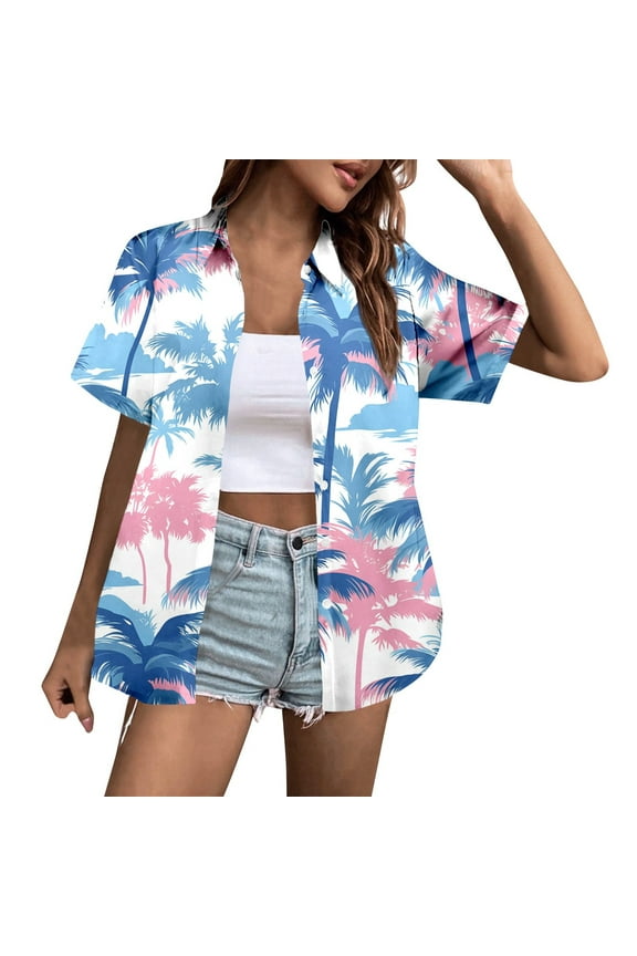 Womens Summer Tops, Womens Shirts, Women's Tropical Coconut Tree Print Short Sleeve Blouse for Casual Holidays and Everyday Wear