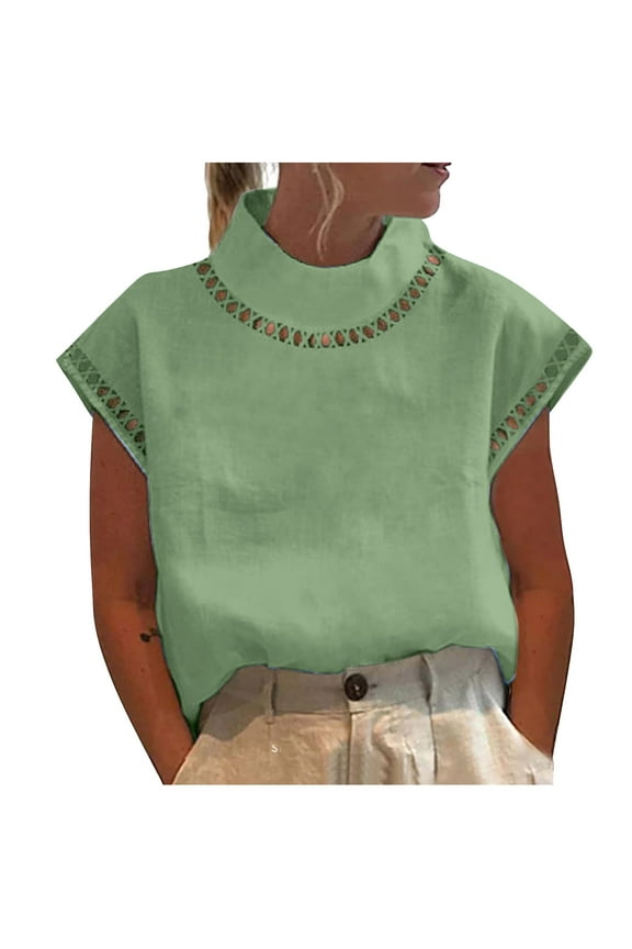 Womens Summer Tops,Womens Summer Clothes,Womens Spring And Summer Solid Cut Out Top Casual High Neck Linen Lace Breathable T-Shirt,Womens Spring Tops
