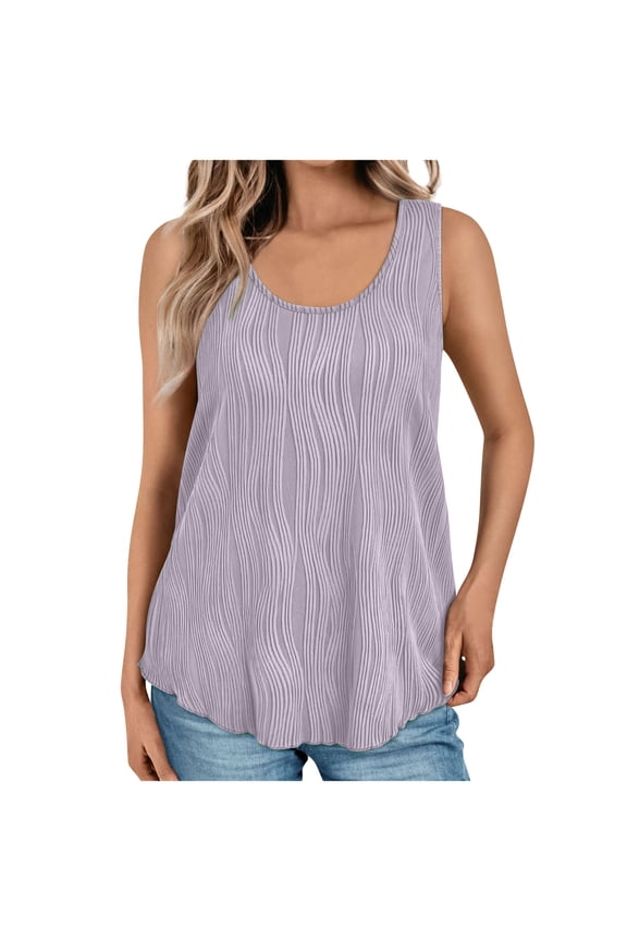 Womens Summer Tank Tops Women's Summer Round Neck Sleeveless Tank Top with Textured Wave Pattern, Basic Casual Wear Summer Tanks for Women
