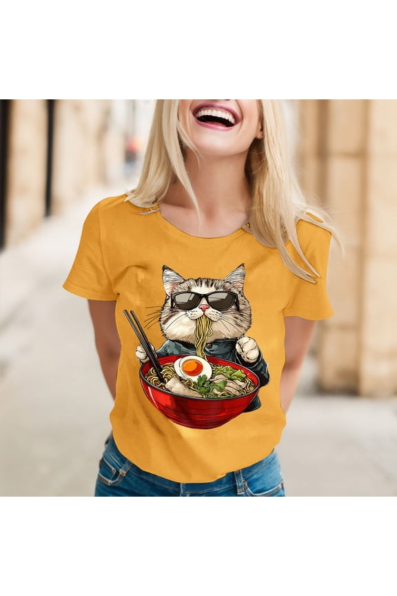 Womens Summer Tops Womens Summer Tops Cat Ramen Graphic Tee for Women - Anime Casual Shirt S