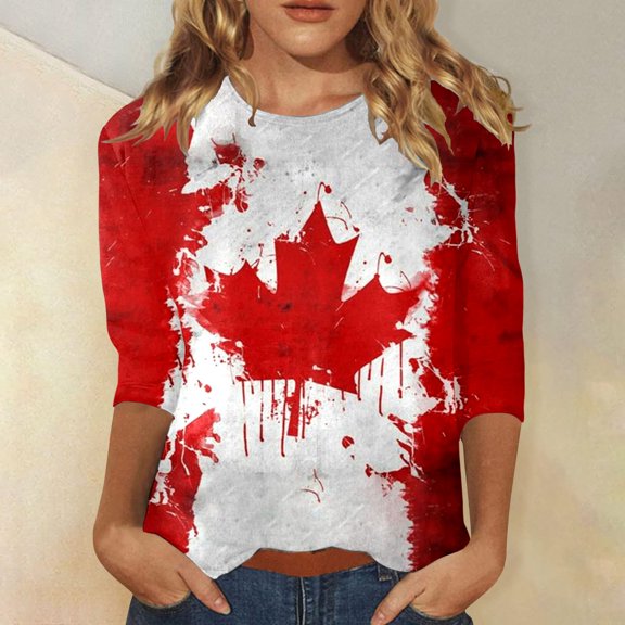 Womens Summer Tops Womens Summer Tops Women Casual Three Quarter Sleeve Round Neck Patriotic Maple Leaf Printed Tops for Canada Day Holiday Outfit Blouses XL