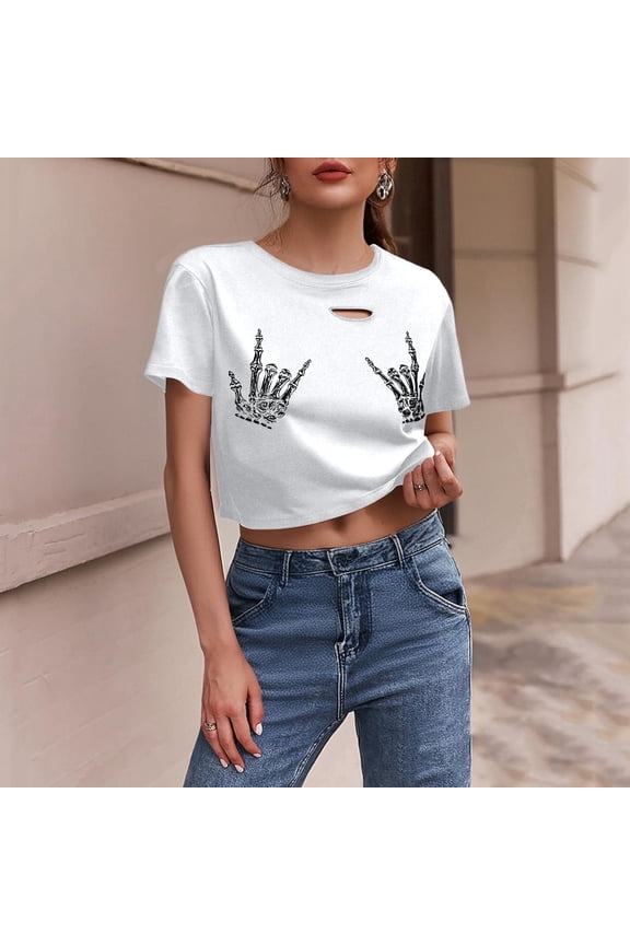Womens Summer Tops Womens Summer Tops Women Halloween Gothic Skeleton Print Distressed Crop Top Short Sleeve Round Neck Casual Tee For Fall Spring L