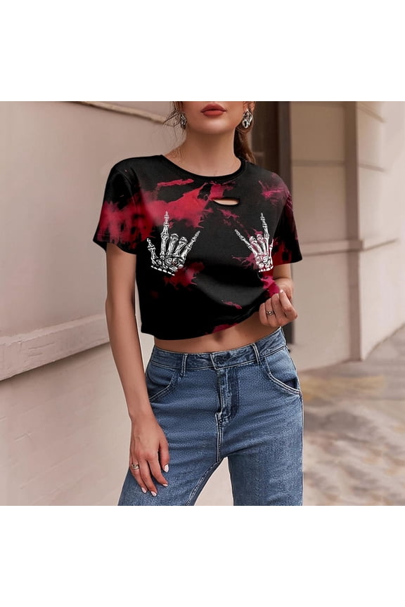 Womens Summer Tops Womens Summer Tops Women Halloween Gothic Skeleton Print Distressed Crop Top Short Sleeve Round Neck Casual Tee For Fall Spring XS
